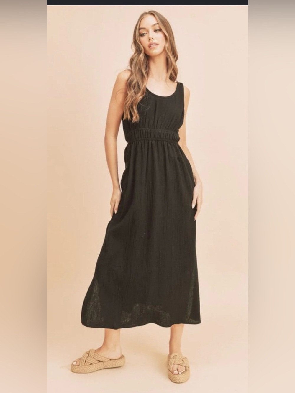 AEMI+CO Gauze Slit Sleeveless Open Back Dress Midi Black Holiday Resort,Small